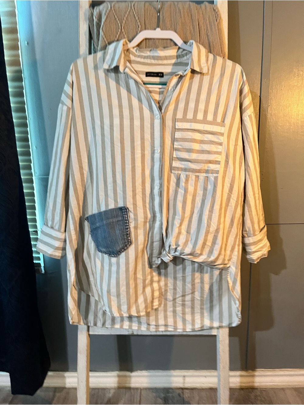 Cotton On White and Tan Striped Button Down Shirt